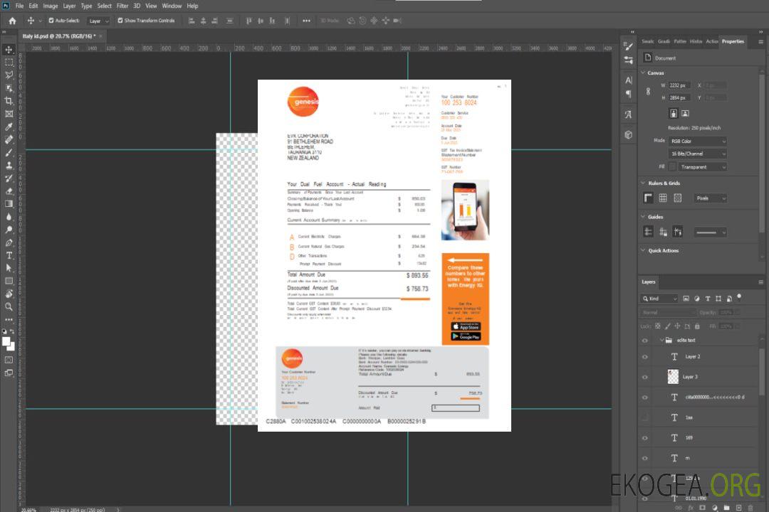 Facture commerciale du service public Genesis Gas, modèle Word et PDF, page 1 SCR template